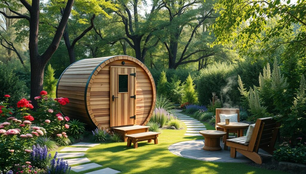 Sauna Fass Gartenintegration